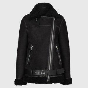 All Saints Rei Shearling Biker Jacket Black Size S